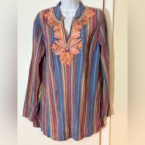Soft Surroundings Tunic Embroidered & Beaded Front Neckline. Pleated Gauze SZ L